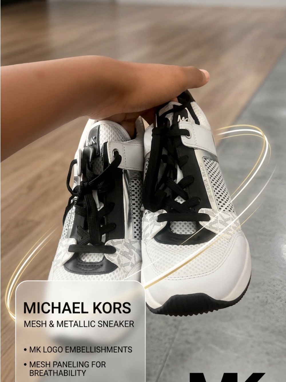 Michael Kors Men’s White and Black Mesh Metallic Runner Sneakers
